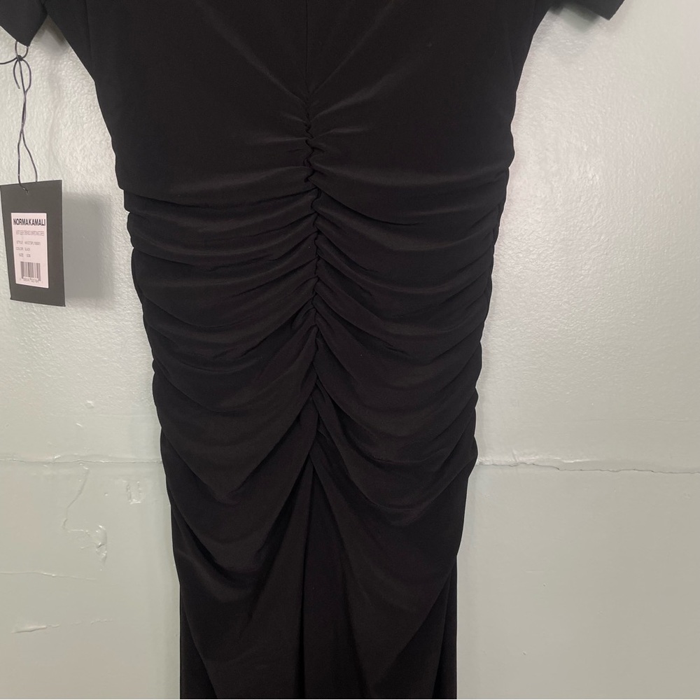 Norma Kamali Short Sleeve Crew Neck Shirred Waist‎ Dress Black Midi Body Con - Picture 11 of 11